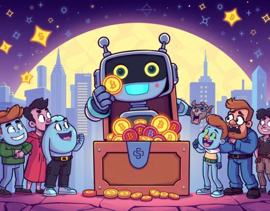 MON tokenomics illustrated through cartoon characters receiving digital tokens in blockchain environment