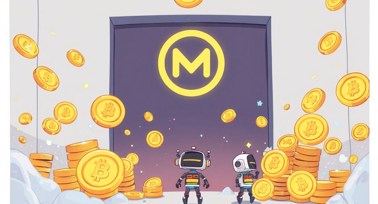 A vibrant cartoon depicting the Monad airdrop reveal process, with tokens being allocated and bots filtered, conveying excitement for the Monad airdrop.