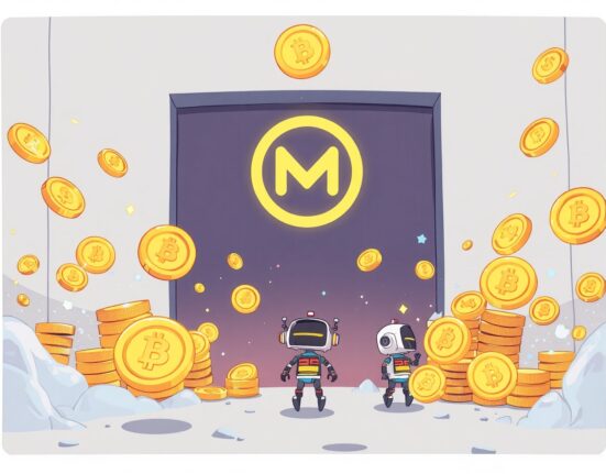 A vibrant cartoon depicting the Monad airdrop reveal process, with tokens being allocated and bots filtered, conveying excitement for the Monad airdrop.