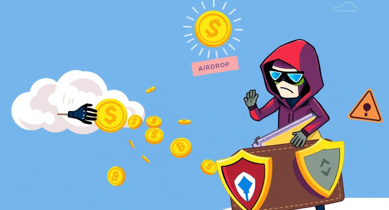 Monad airdrop security warning showing hacker attempting to intercept cryptocurrency transaction