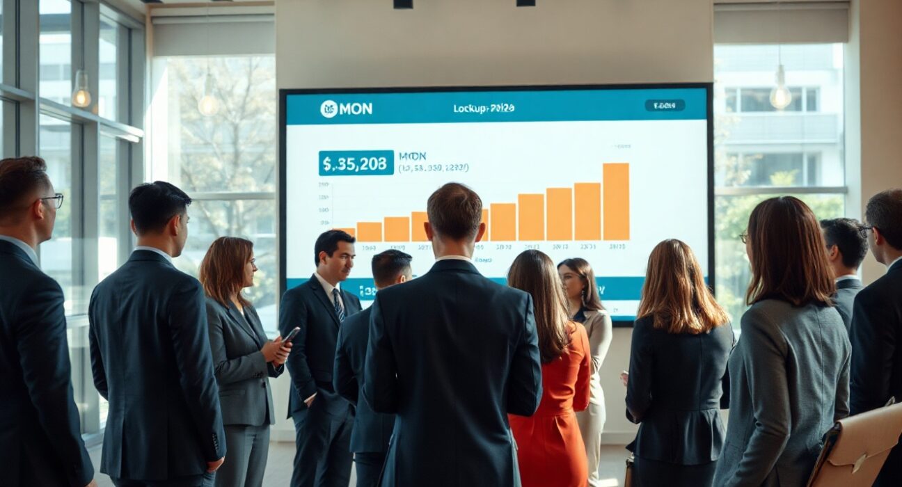 Business professionals discussing a token buyback in a modern office with a screen showing MON token charts
