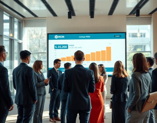 Business professionals discussing a token buyback in a modern office with a screen showing MON token charts