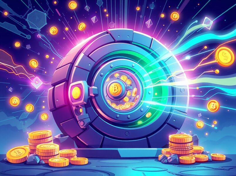 Monad mainnet token lockup securing digital assets in futuristic blockchain vault