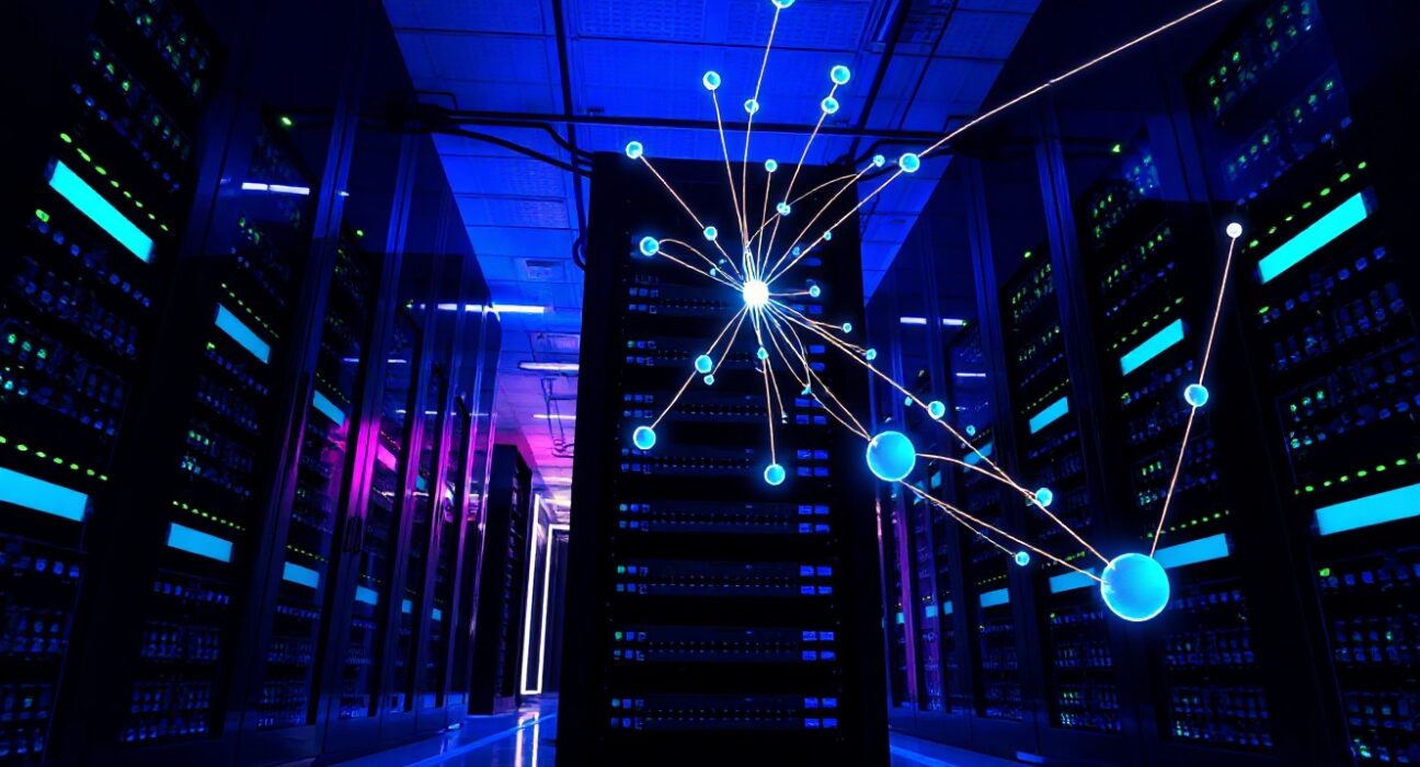 Modern server room with blue and purple lighting representing Monad blockchain network performance upgrade