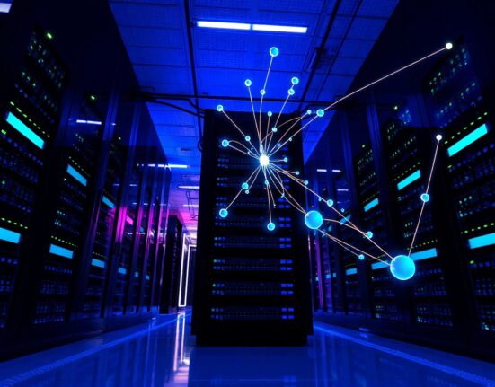 Modern server room with blue and purple lighting representing Monad blockchain network performance upgrade