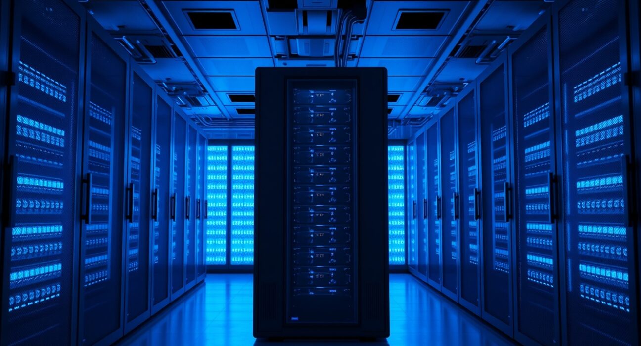 A modern server room representing the Monad blockchain network, illustrating operational stability.