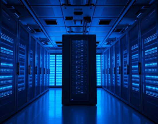 A modern server room representing the Monad blockchain network, illustrating operational stability.
