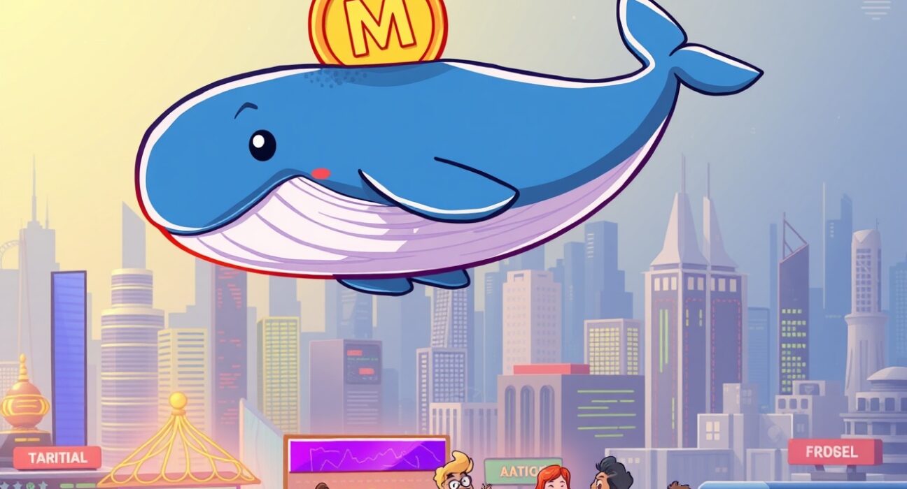 A cartoon whale excitedly observing Monad pre-market trading opportunities on a digital screen, symbolizing early investment potential.