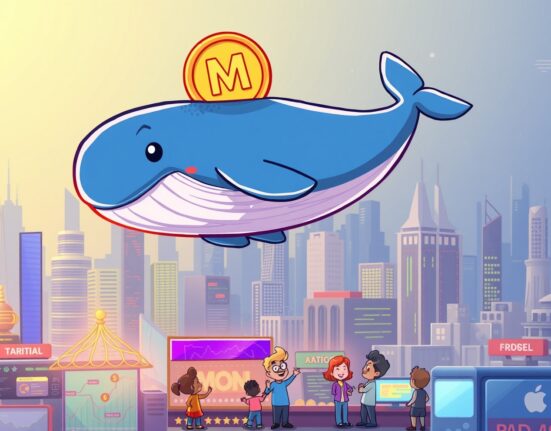 A cartoon whale excitedly observing Monad pre-market trading opportunities on a digital screen, symbolizing early investment potential.