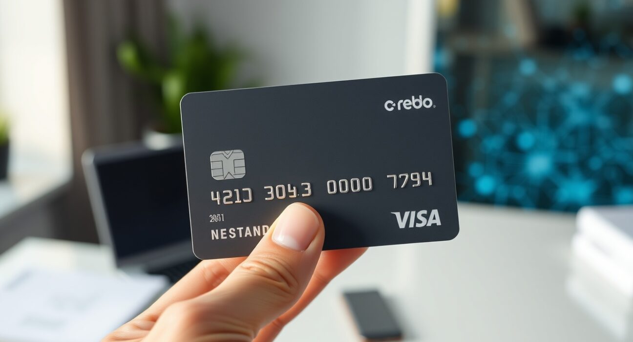A hand holding a modern debit card with a digital background, representing Rain's stablecoin card.