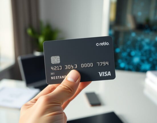 A hand holding a modern debit card with a digital background, representing Rain's stablecoin card.