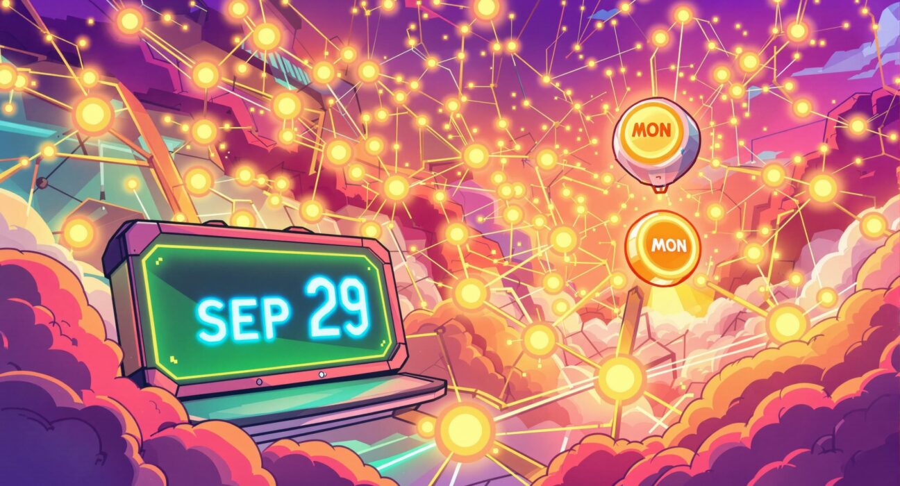 A cartoon illustration symbolizing the upcoming Monad token listing, highlighting its significance for the crypto community.