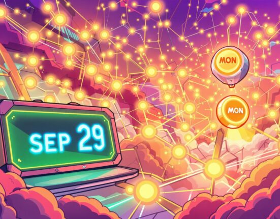 A cartoon illustration symbolizing the upcoming Monad token listing, highlighting its significance for the crypto community.