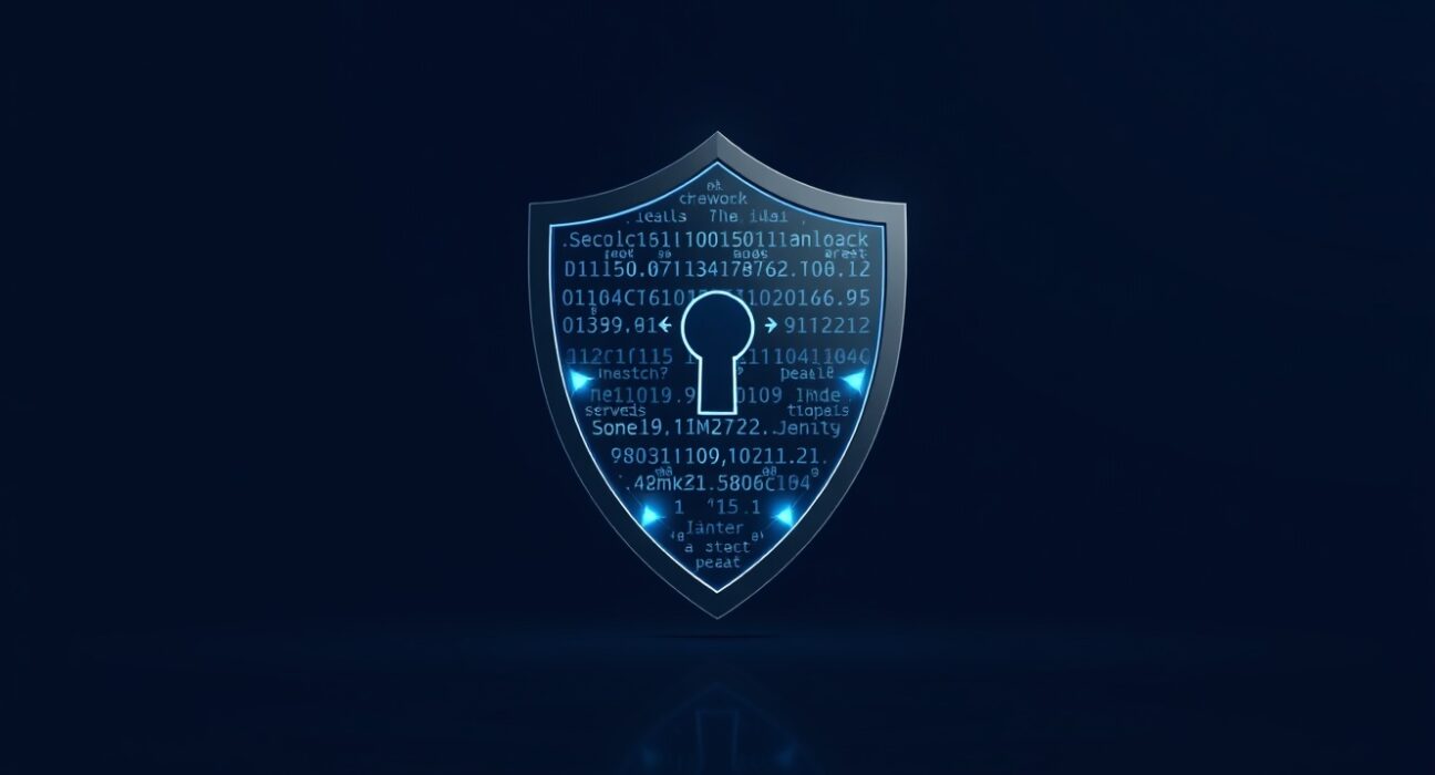 Digital privacy shield icon with encrypted code and blockchain nodes representing Monad's Unlink privacy infrastructure.