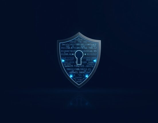 Digital privacy shield icon with encrypted code and blockchain nodes representing Monad's Unlink privacy infrastructure.