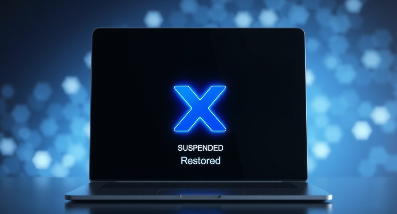 Monad X account restored status with glowing blue X logo on digital interface, representing MON crypto community support