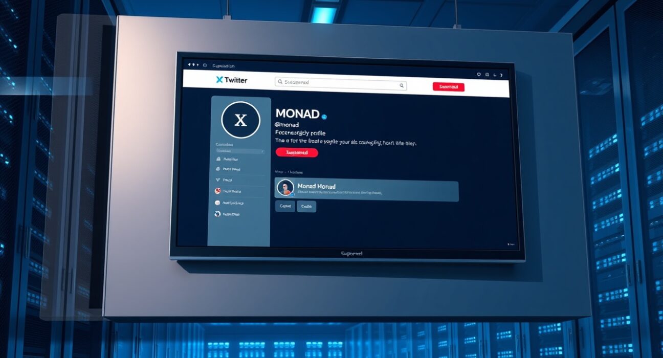 Monad official X account suspended with red badge displayed on a digital screen in a server room