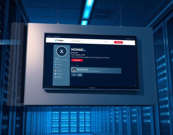 Monad official X account suspended with red badge displayed on a digital screen in a server room