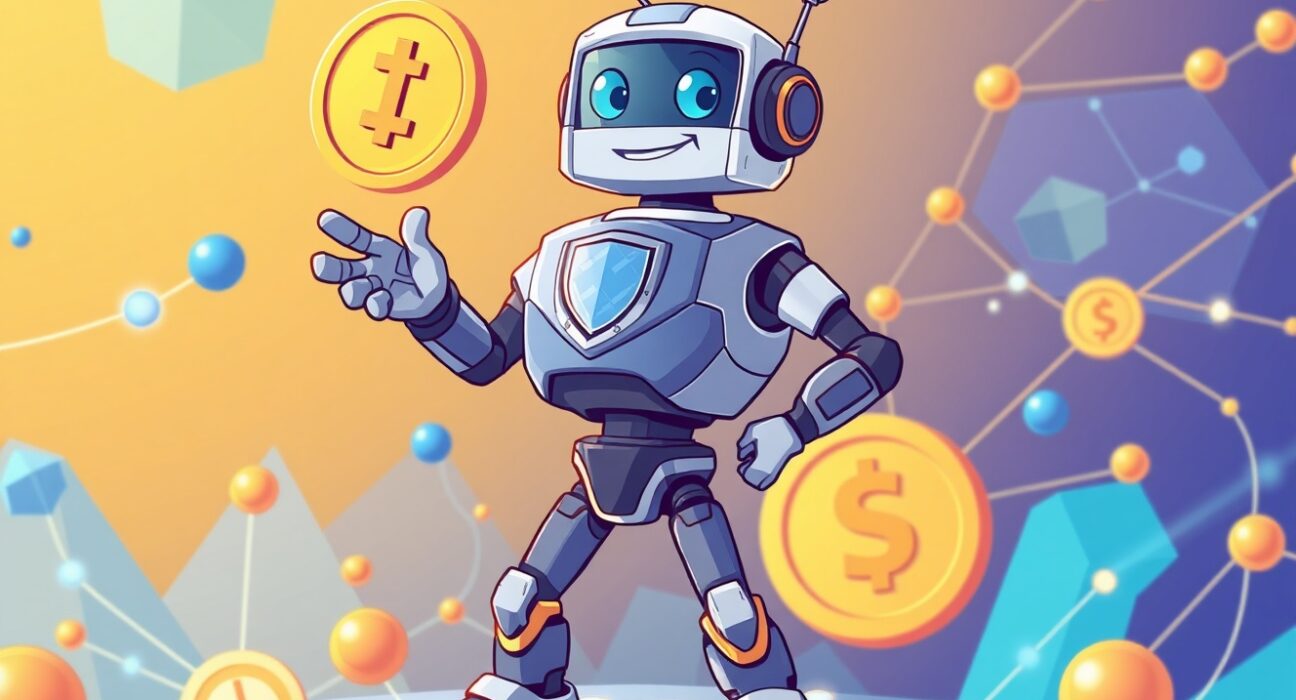 A cartoon robot representing Monad adds support for the USD1 stablecoin on a vibrant digital financial network.