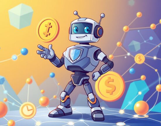 A cartoon robot representing Monad adds support for the USD1 stablecoin on a vibrant digital financial network.