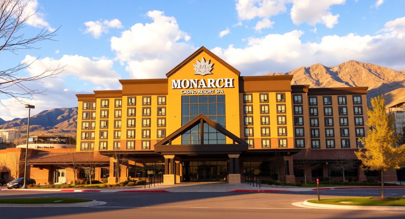 Exterior view of Monarch Casino Resort Spa in Black Hawk, Colorado, on a sunny afternoon.