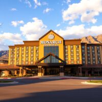 Exterior view of Monarch Casino Resort Spa in Black Hawk, Colorado, on a sunny afternoon.