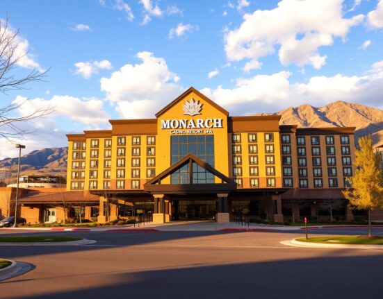 Exterior view of Monarch Casino Resort Spa in Black Hawk, Colorado, on a sunny afternoon.