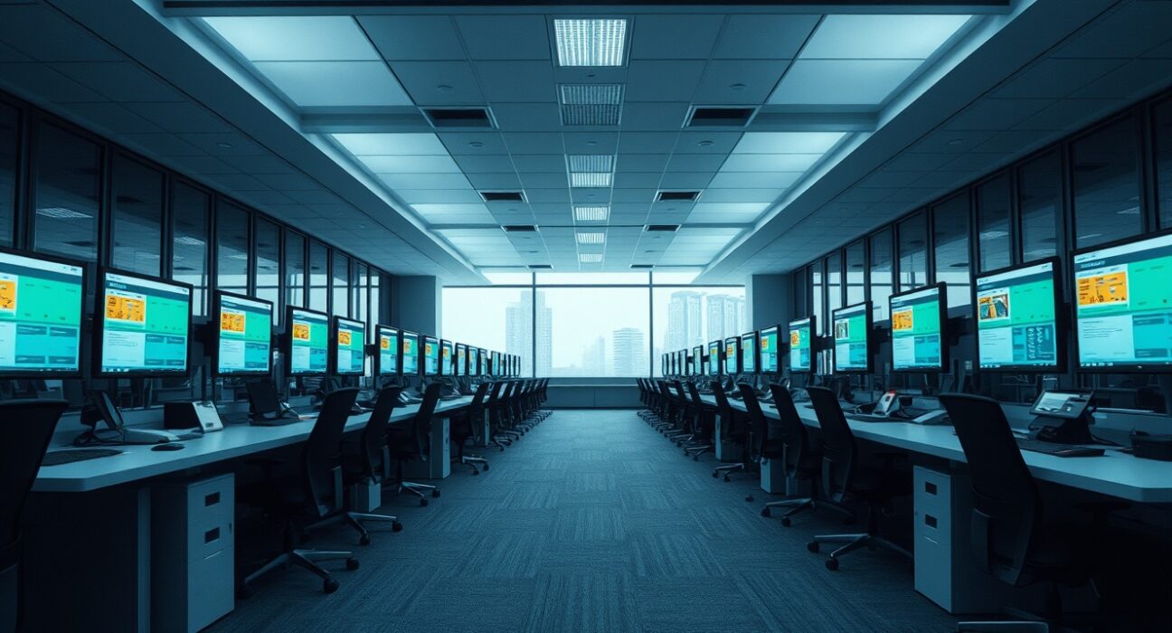 Empty office desks with monitors showing project management software, representing tech layoffs linked to AI