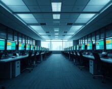 Empty office desks with monitors showing project management software, representing tech layoffs linked to AI