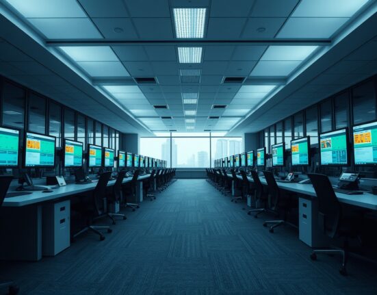 Empty office desks with monitors showing project management software, representing tech layoffs linked to AI