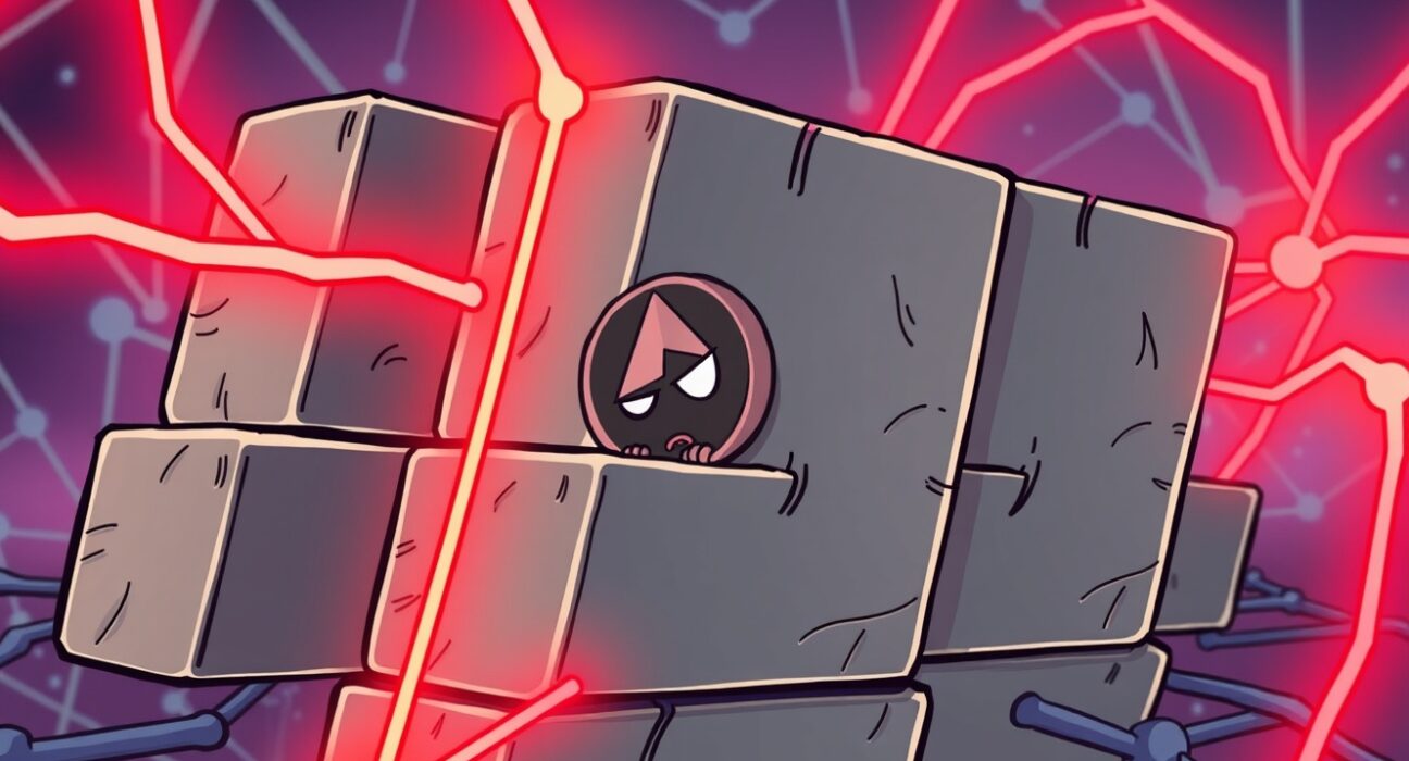 Cartoon showing a disrupted Monero block reorganization, highlighting network instability and community concerns over security.