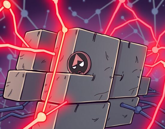 Cartoon showing a disrupted Monero block reorganization, highlighting network instability and community concerns over security.