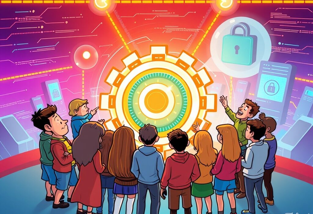 A cartoon illustration of a community collaboratively working to strengthen the Monero consensus mechanism against security threats.