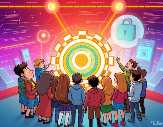 A cartoon illustration of a community collaboratively working to strengthen the Monero consensus mechanism against security threats.