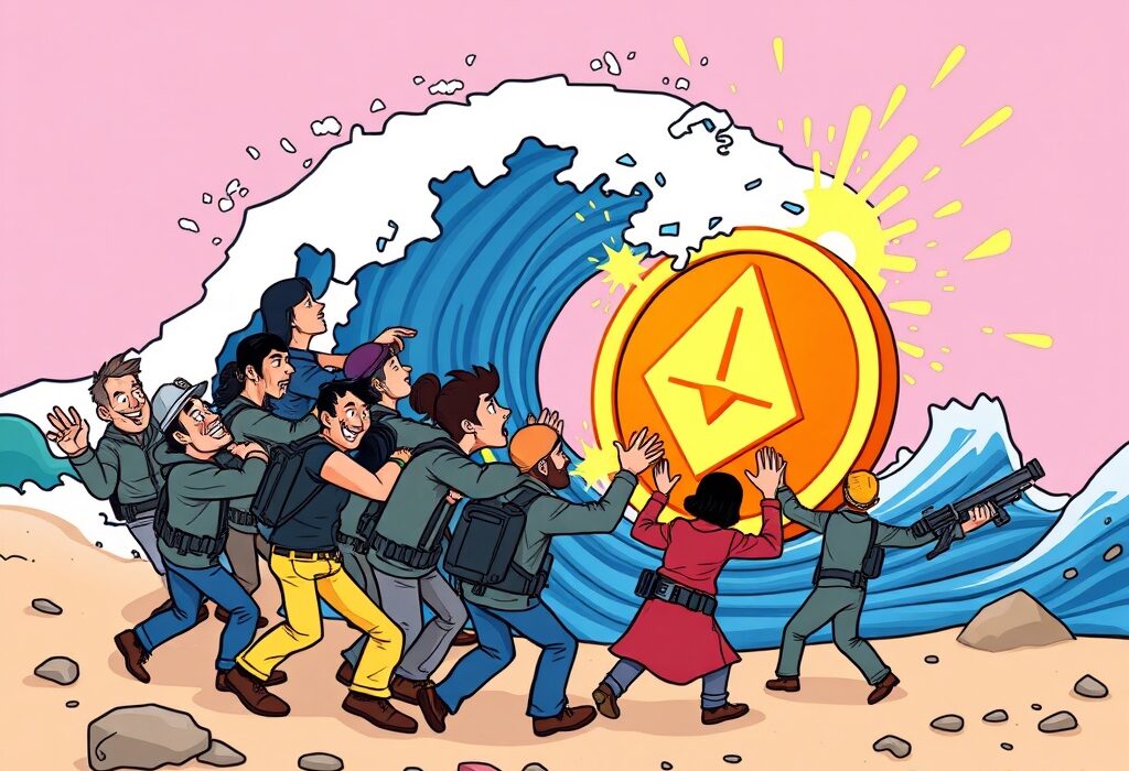 A cartoon illustration showing Monero network miners successfully defending against a hashrate takeover attempt, highlighting community strength.