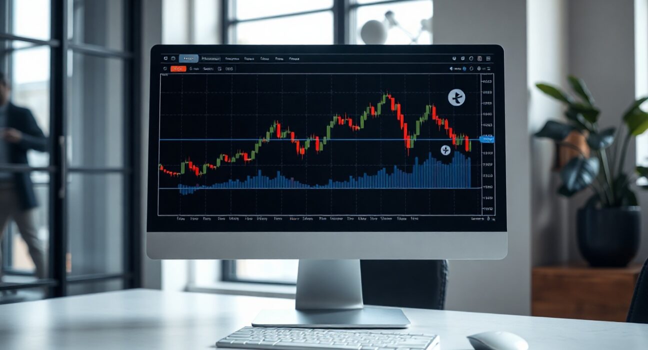 Cryptocurrency price charts on a monitor in a modern trading office