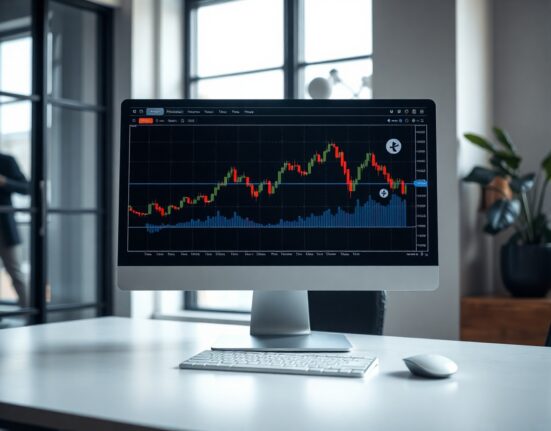 Cryptocurrency price charts on a monitor in a modern trading office