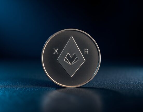 Monero (XMR) coin resting on a dark surface with dramatic lighting, representing cryptocurrency privacy and security.