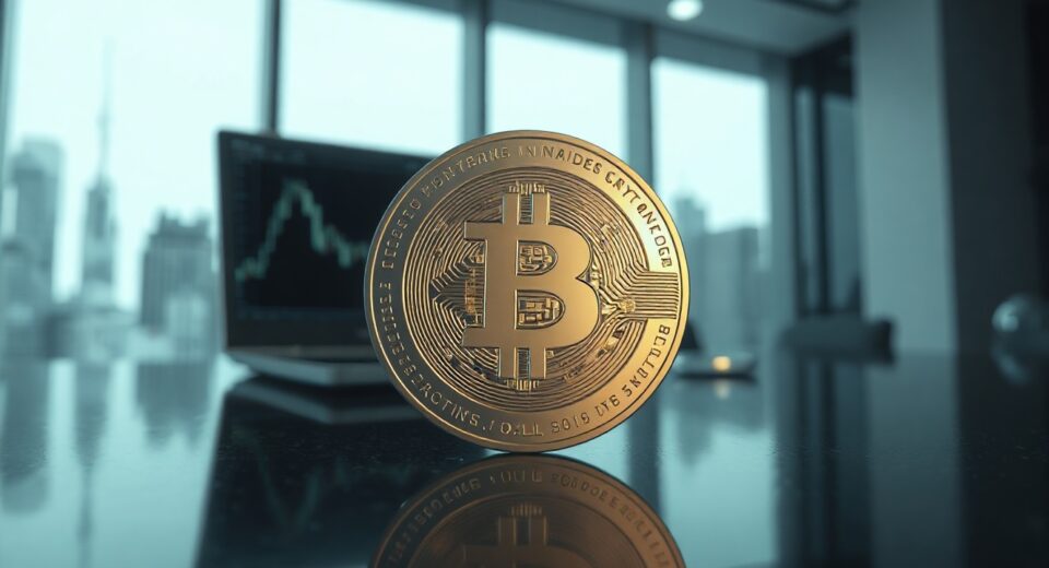 Close-up of a Monero coin on a reflective surface with a blurred trading chart and city skyline in the background