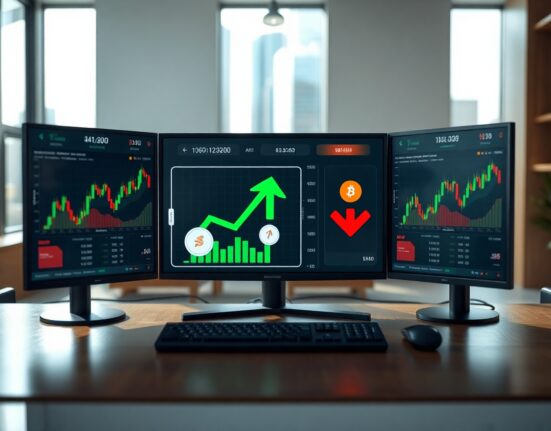 Digital trading dashboard with charts showing asset rebalancing, representing Monetalis wallet activity.