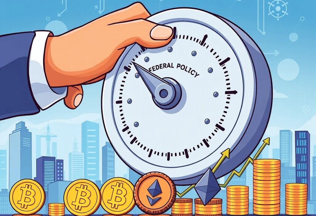 Cartoon illustrating the Federal Reserve's monetary policy adjustment impacting cryptocurrency markets.