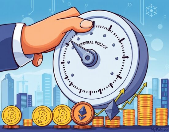 Cartoon illustrating the Federal Reserve's monetary policy adjustment impacting cryptocurrency markets.