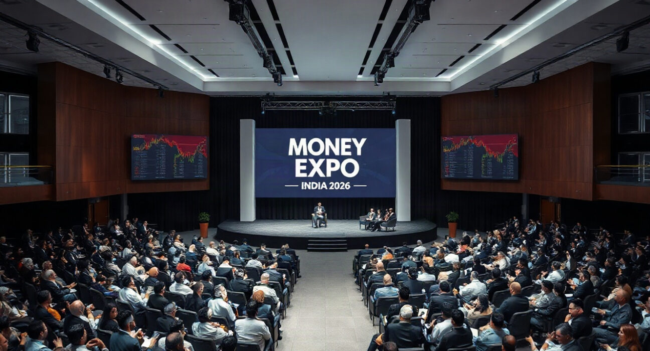 Audience at Money Expo India 2026 convention hall with stage and financial charts