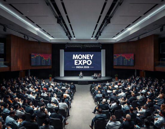 Audience at Money Expo India 2026 convention hall with stage and financial charts