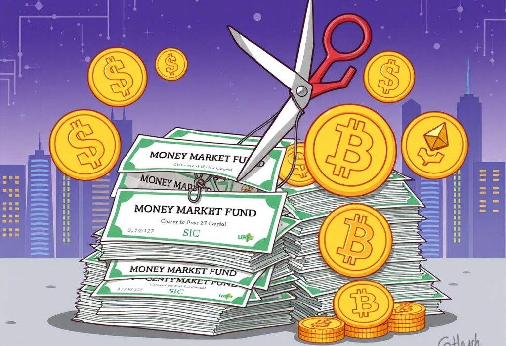 A cartoon illustration showing money market funds crypto flowing into digital assets as interest rates are cut, signaling a potential market rally.