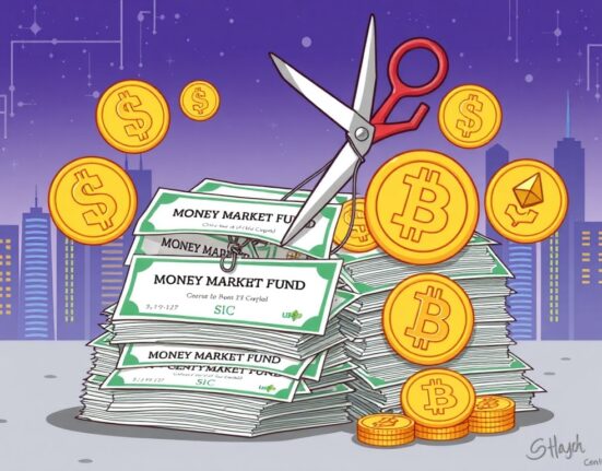 A cartoon illustration showing money market funds crypto flowing into digital assets as interest rates are cut, signaling a potential market rally.