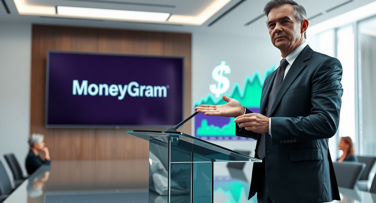 MoneyGram CEO Anthony Soohoo presenting stablecoin adoption trends in a modern boardroom
