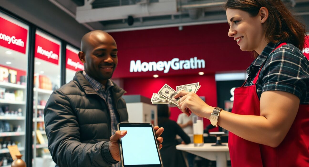 Customer using smartphone for crypto-to-cash transaction at MoneyGram counter