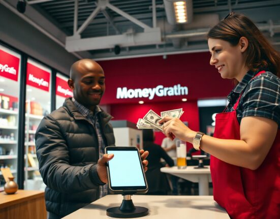 Customer using smartphone for crypto-to-cash transaction at MoneyGram counter