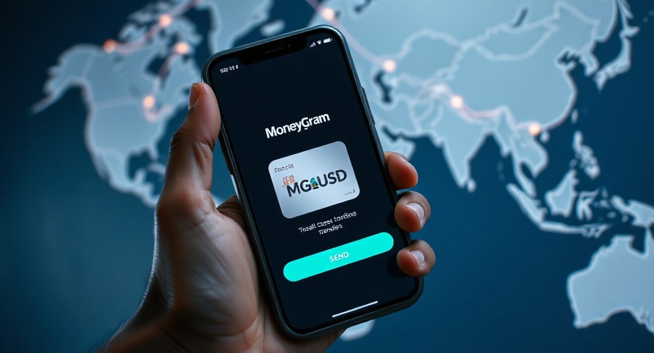 MoneyGram app interface showing MGUSD stablecoin balance on smartphone with global map background